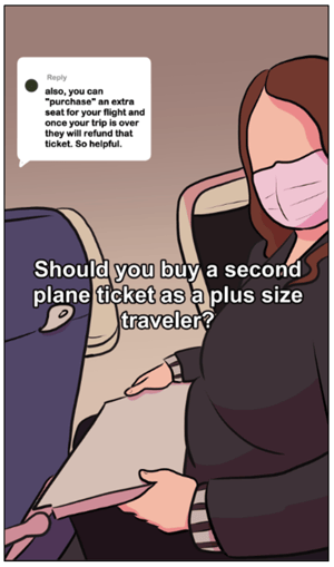 Illustration of a woman in a black long-sleeved jumper and pink face mask sitting on a plane seat. She is holding the tray on the seat in front of her, which has extended to uncomfortably press into her stomach area. A screenshot of a reply reads 'also, you can 