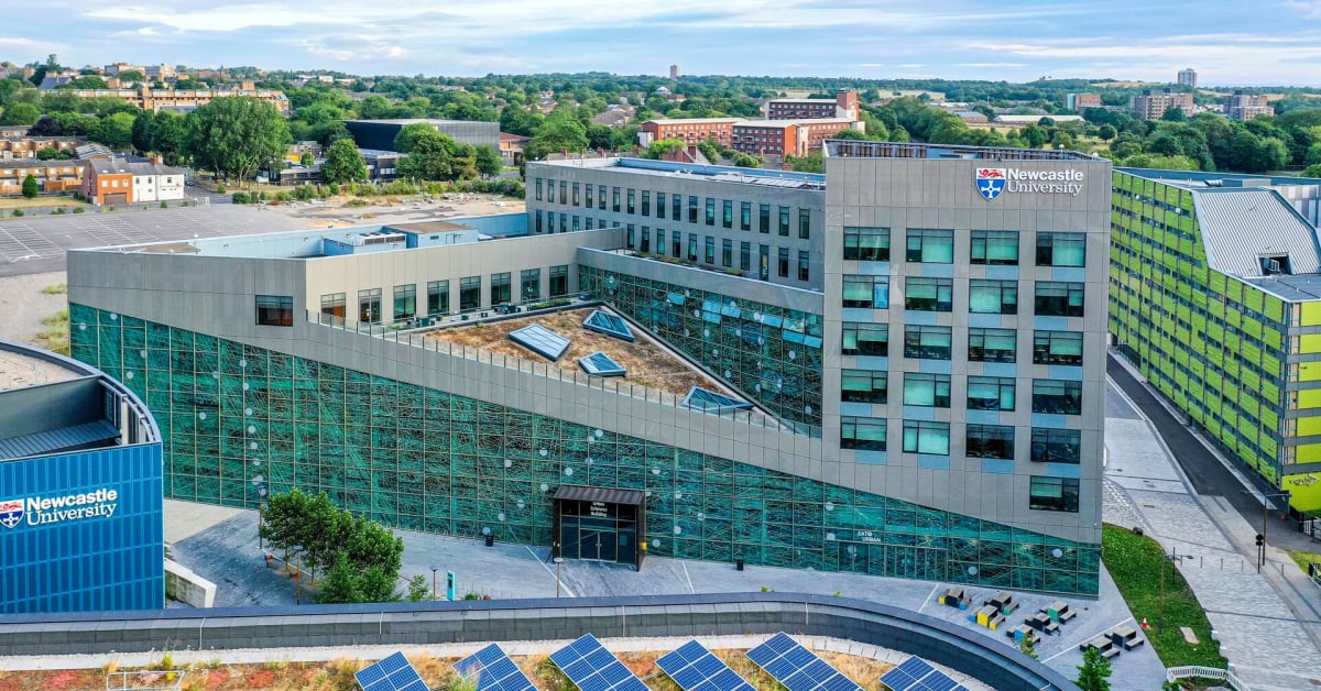 A drone photograph of Newcastle University's Urban Sciences Building at the Newcastle Helix. Credit: Elemental Photography.