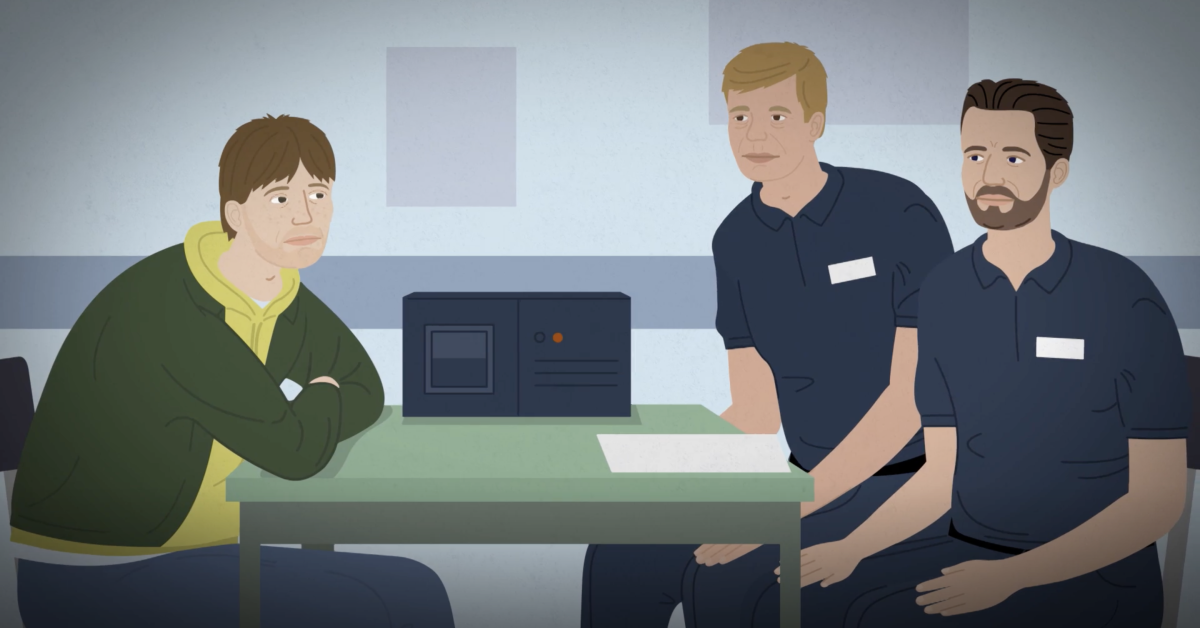 Animated frame of a man in custody on the left being interviewed by two police officers on the right.